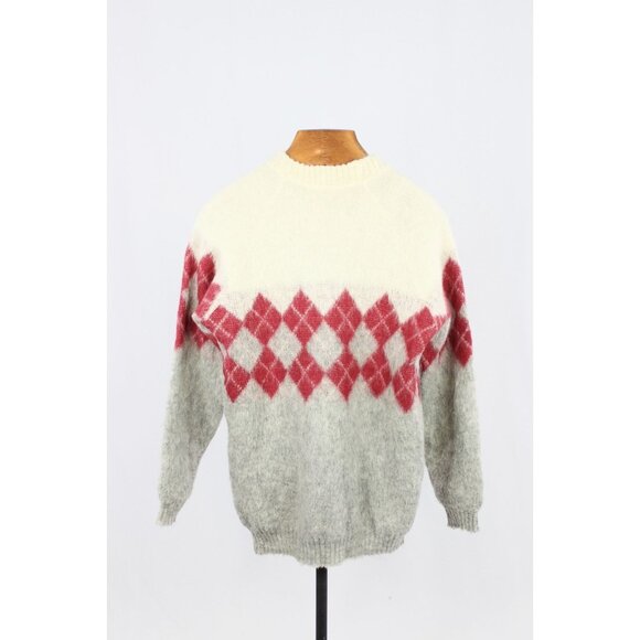 Vintage SAMBAND Made in Iceland Argyle 100% Wool Knit Crew Neck Sweater, Size L - Picture 2 of 11